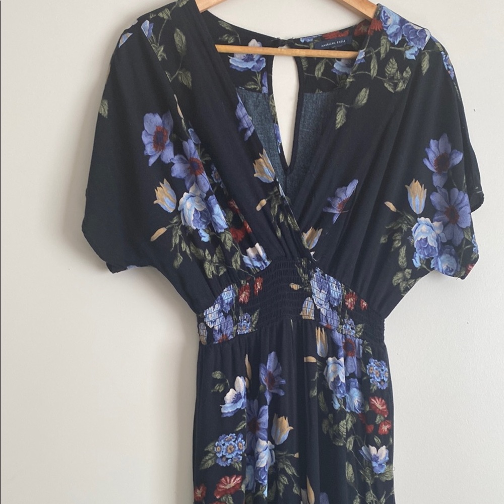Black Floral Jumpsuit with Dolman Sleeves and V-Neck - Picture 3 of 9